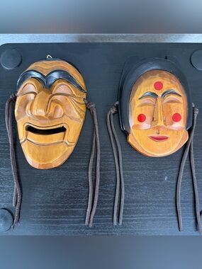 2 Vintage Handmade Korean Hahoe Traditional Carved Wooden Masks Wall Hangers